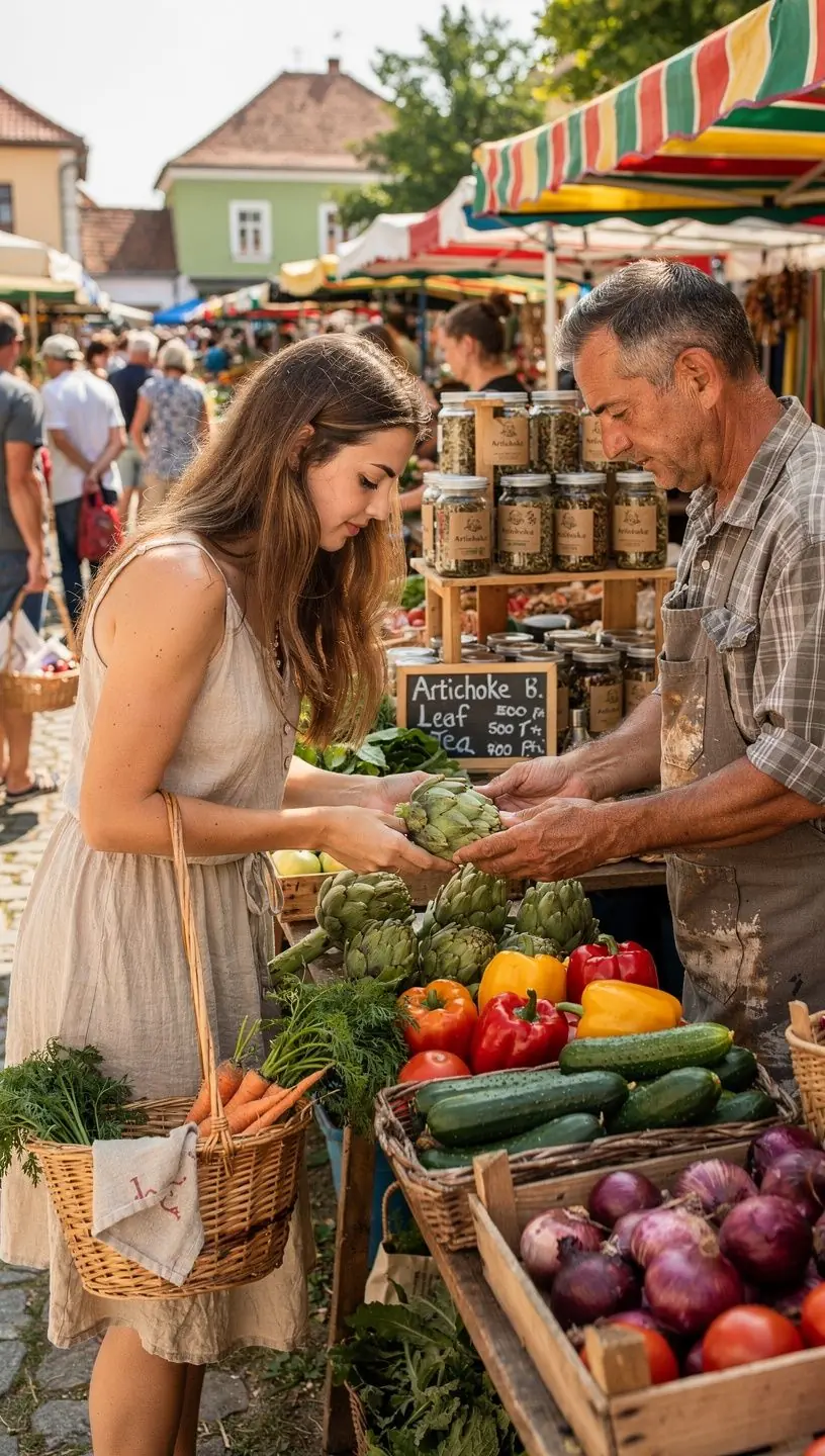 Tea készítése közben, articsóka levelek és forró víz együtt.