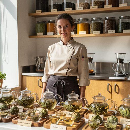 Gőzölgő tea csésze, háttérben zöld növényekkel.