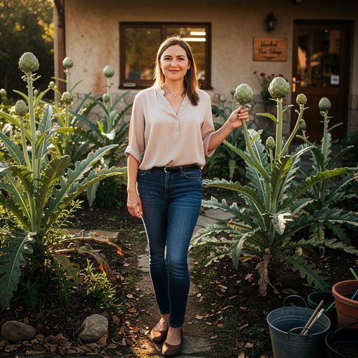 Zöld teás kanna, articsóka levelekkel díszítve.